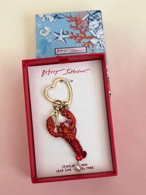 NIB Betsey Johnson Red Crystal Lobster Bag Charm Keychain Pearl NWT